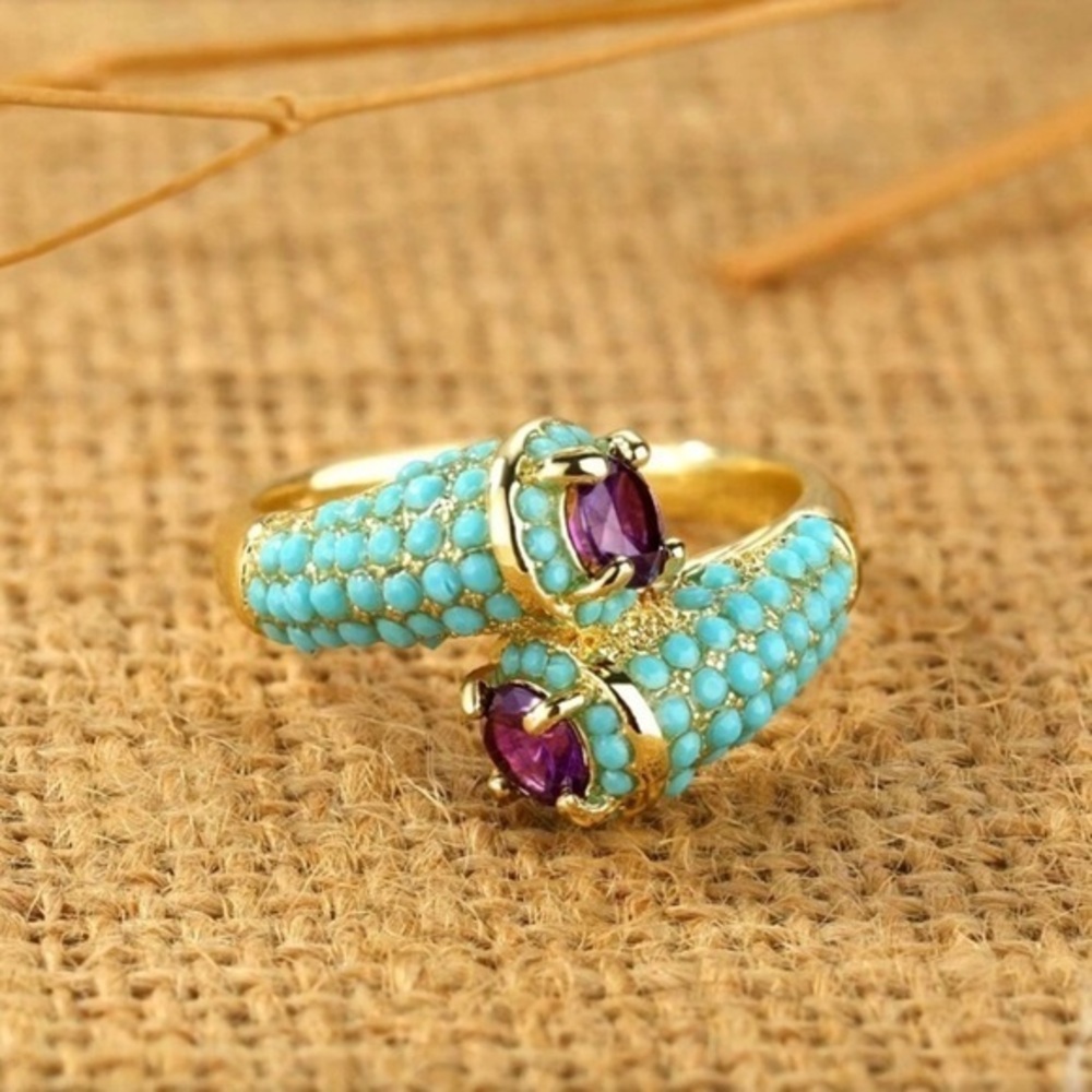 ✨NEW Gold tone spiral boho Turquoise Ring with Purple Gemstone